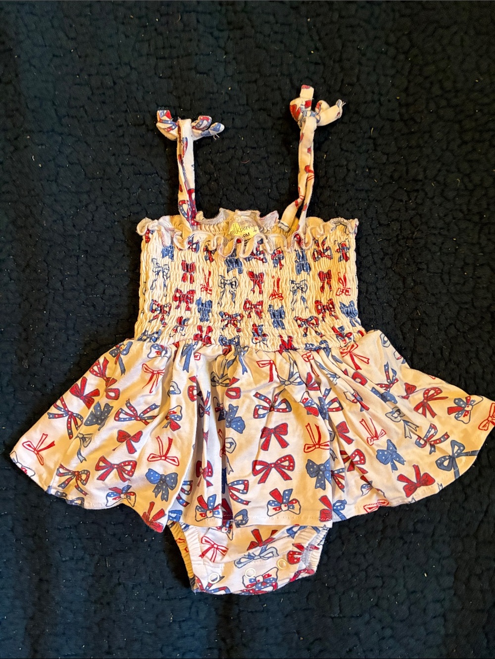 Milkberry Smocked Baby Girl Bow-Print Romper in White with Red & Blue Bows